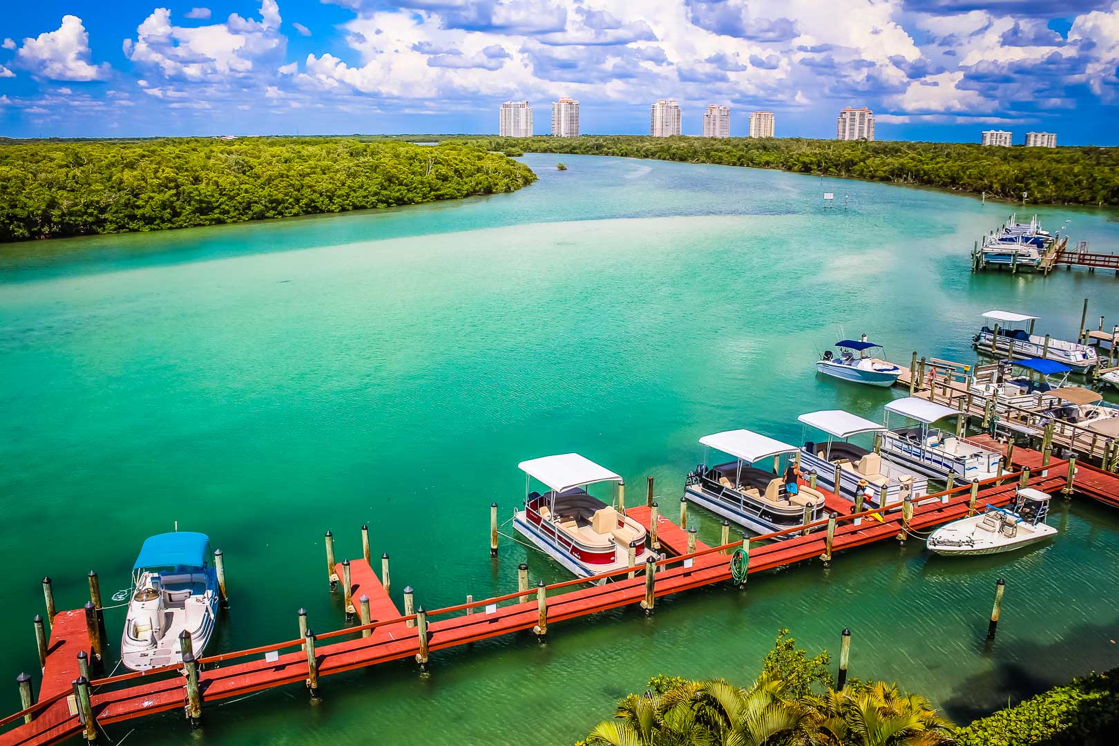 A scenic view of the boat dock at VRI's Bonita Resort and Club in Florida.